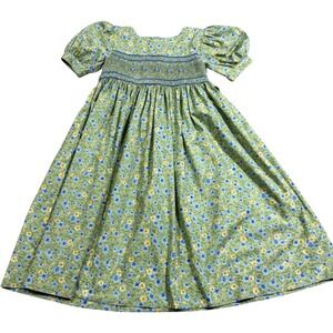 Strasburg Smocked Dress Girls Size 8 Green Floral Cotton Excellent Heirloom Tie